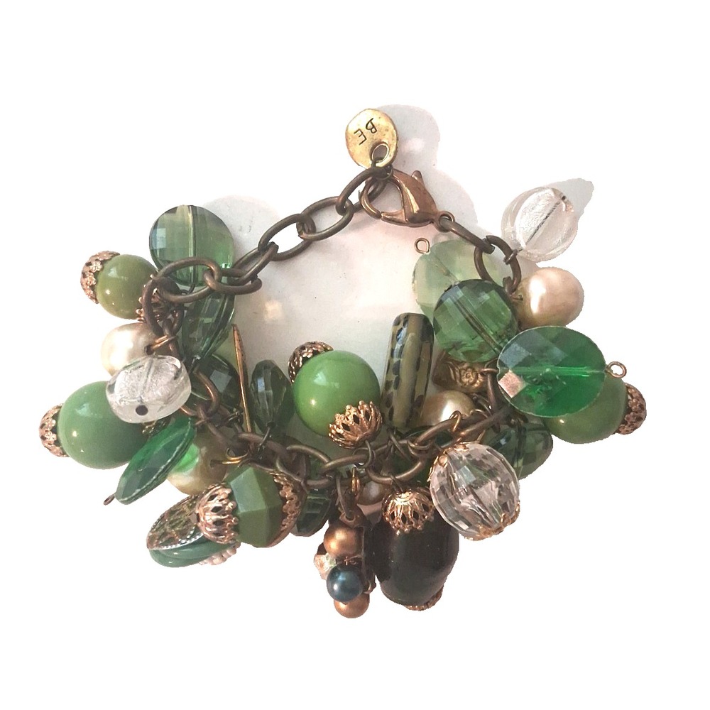 Vintage Big Bold Green Beaded Charm Chunky Bracelet 8" Beads Charms